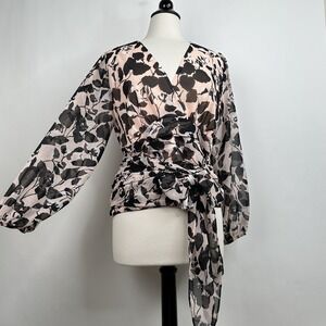 White House Black Market Tie Waist Chiffon Blouse 12 Pale Blush V-neck Smocked